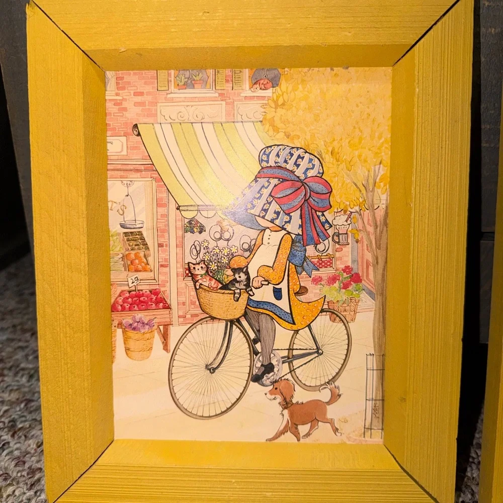 vintage 1970s Holly Hobbie framed print Bicycle Wall Art (Set of 2) bonnet sprin